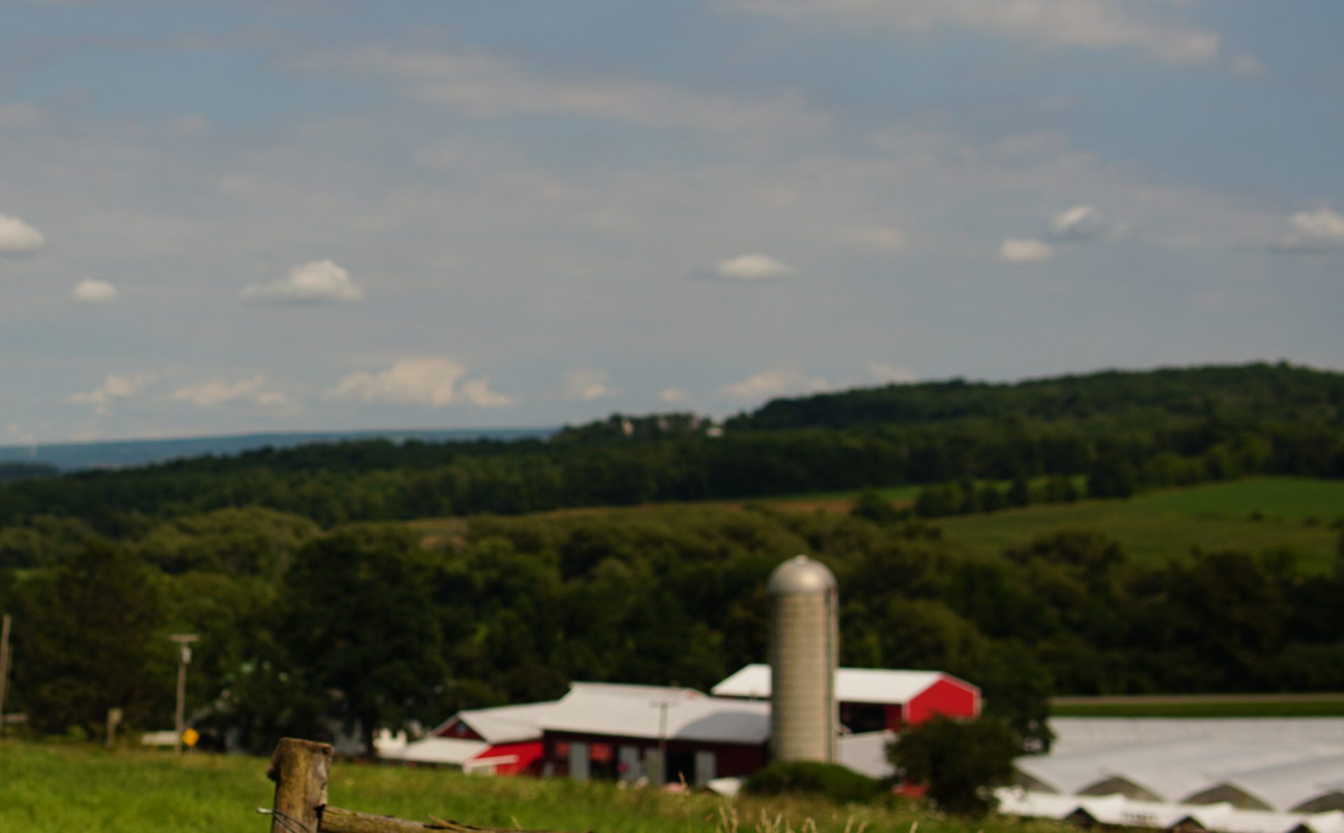 Farmland and wooded hills in the Finger Lakes, New York.
